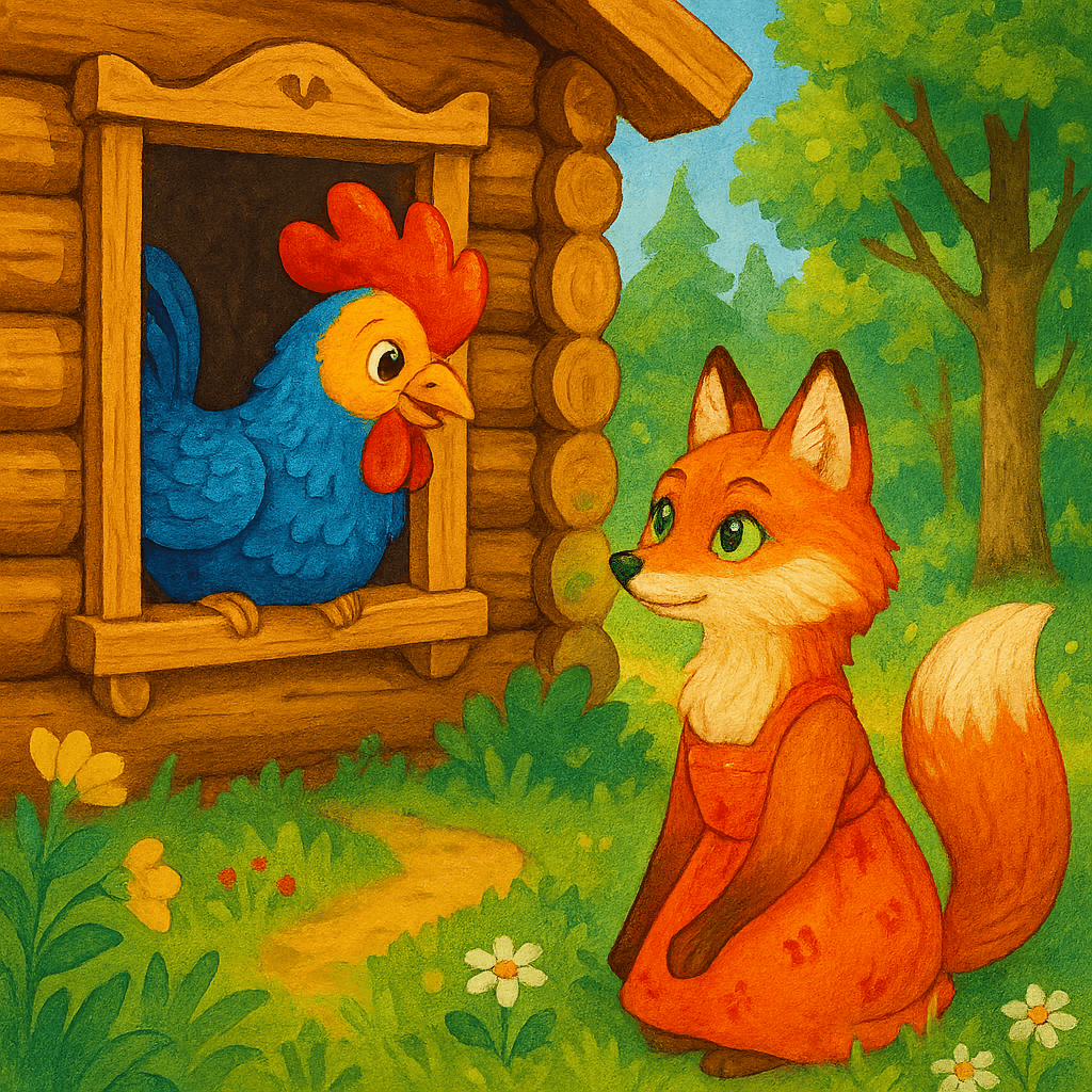 Петушок выглядывает из окна, а под окном сидит лиса