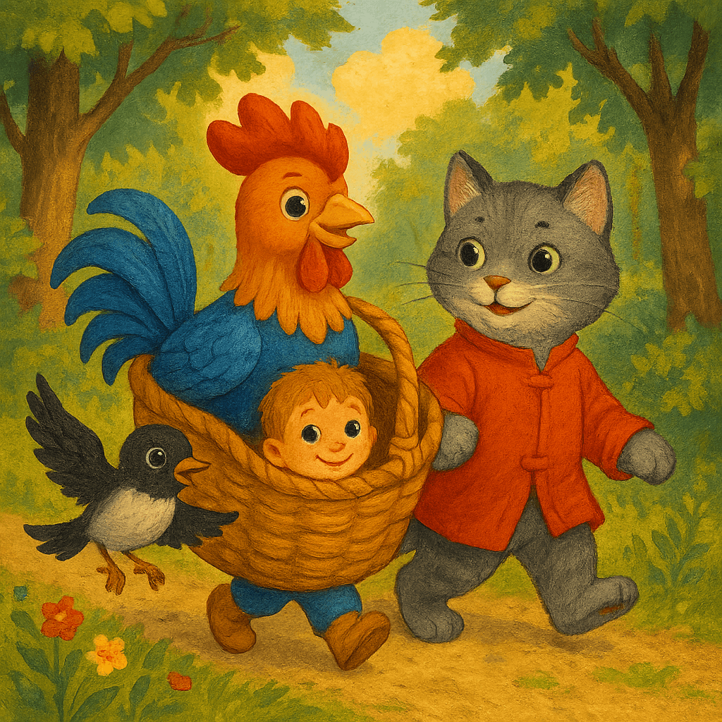 Кот и дрозд несут петушка в лукошке домой через лес