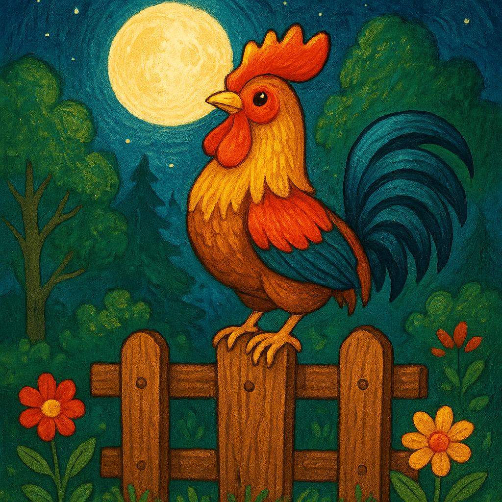 Петушок на заборе среди ночного леса.