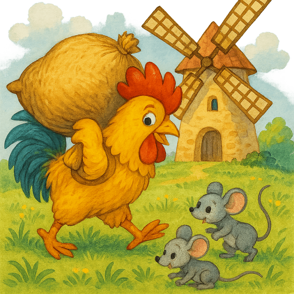 Петушок несёт зерно на мельницу