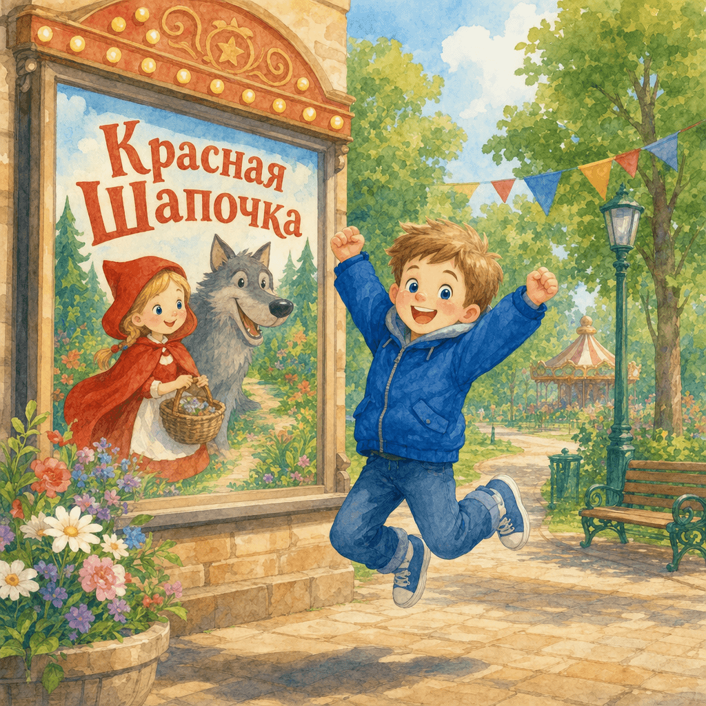 Петя прыгает у афиши мультфильма в городском саду