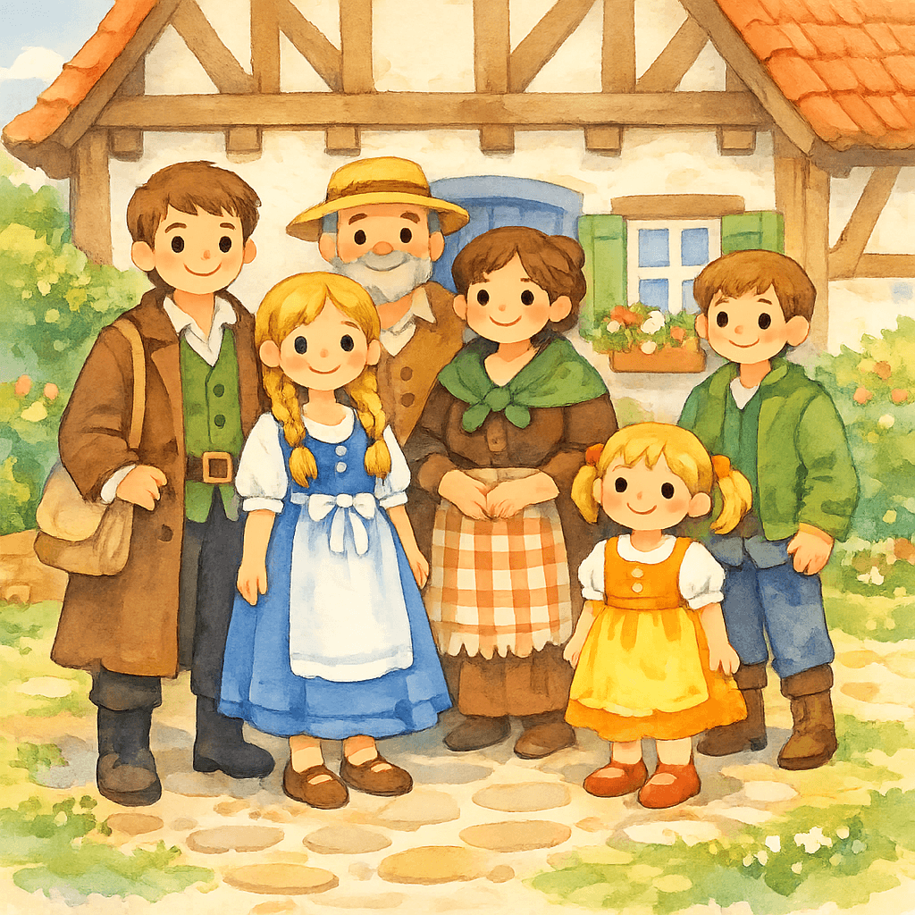 Пиф Паф Польтри и вся семья Катринелье на дворе у немецкого домика