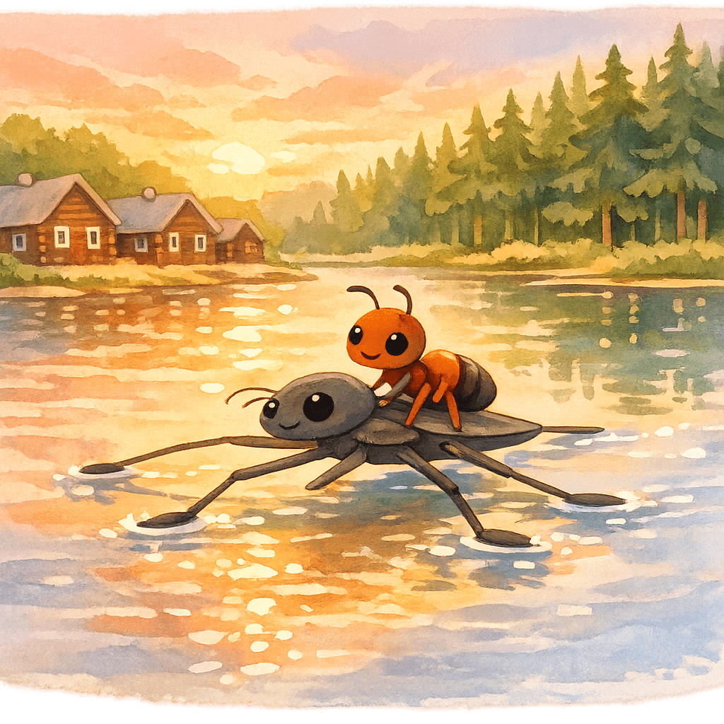 Водомерка быстро скользит по воде, перевозя Муравьишку на другой берег.