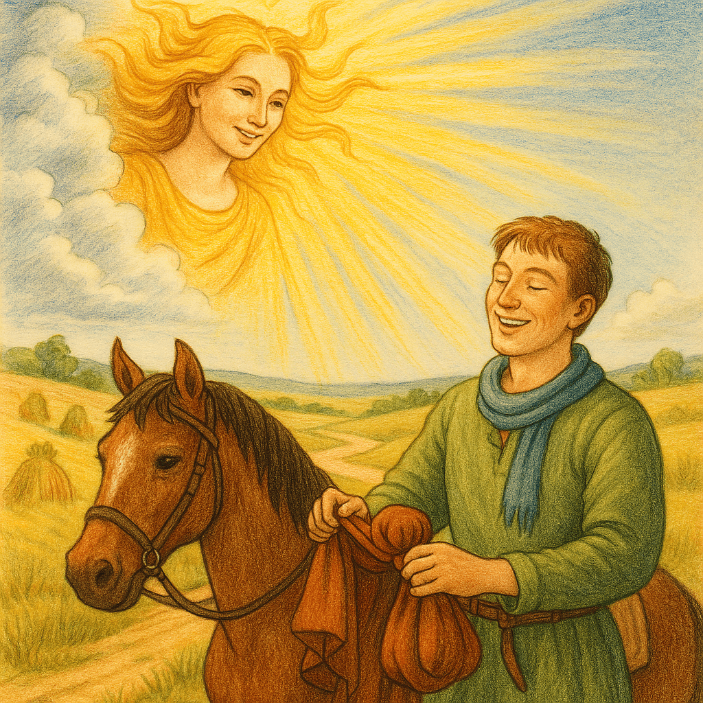 Солнце согревает, путник снимает плащ и привязывает его к седлу.