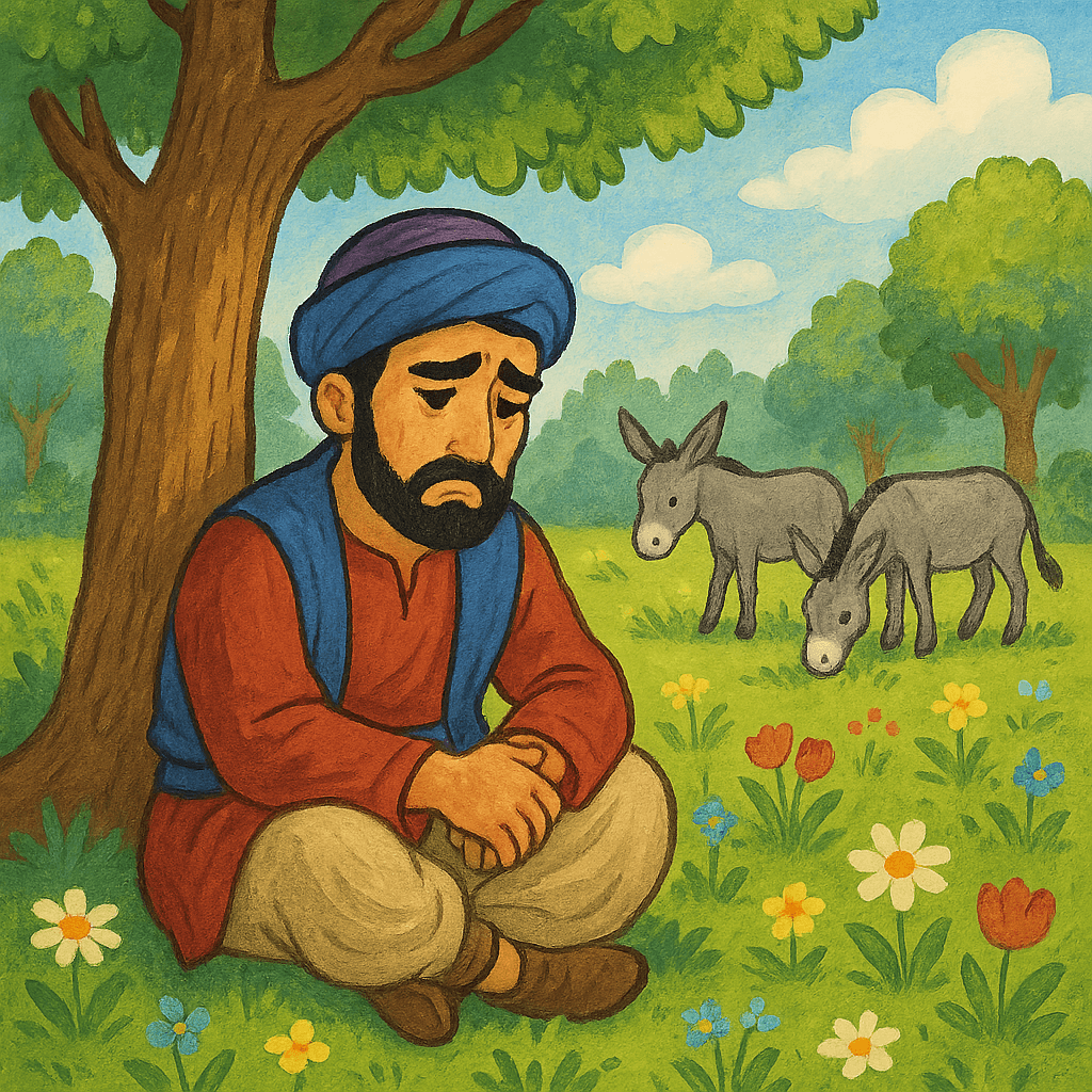 Али-Баба сидит под деревом, задумчиво глядя вдаль, рядом с ним два осла, густой лес вокруг.
