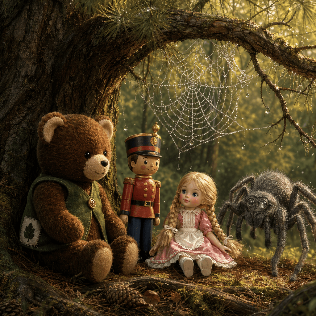 Под старой сосной игрушки встречают паучиху с паутинкой на росе.