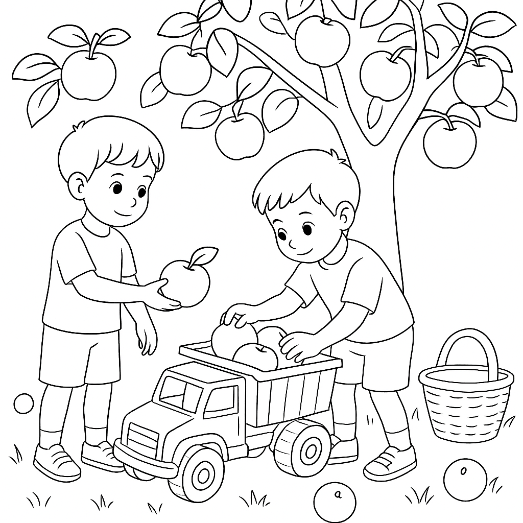 Раскраска по сказке "Красный грузовик и яблочное приключение"
