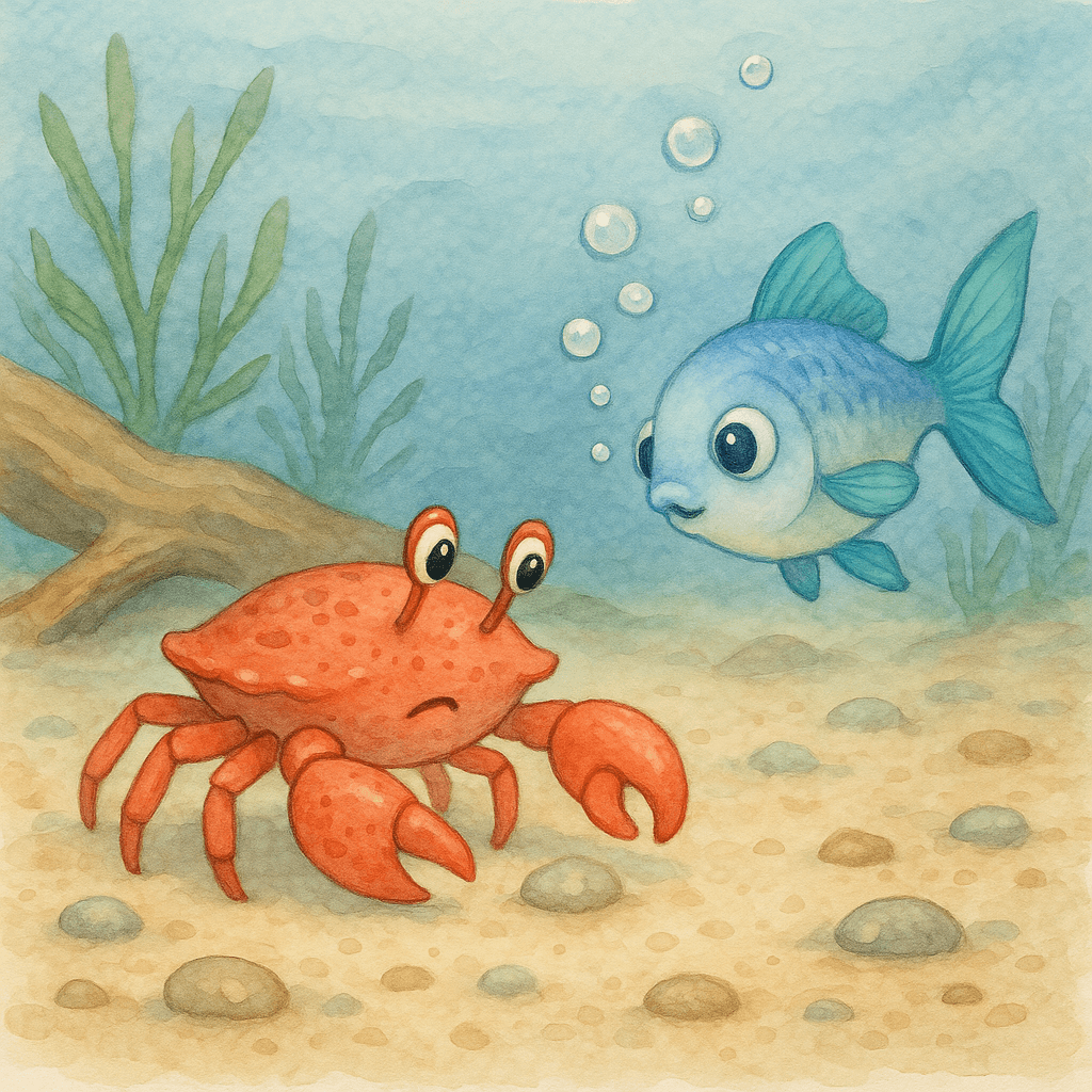 Крабик Клэп и рыбка Булька на песчаном дне моря