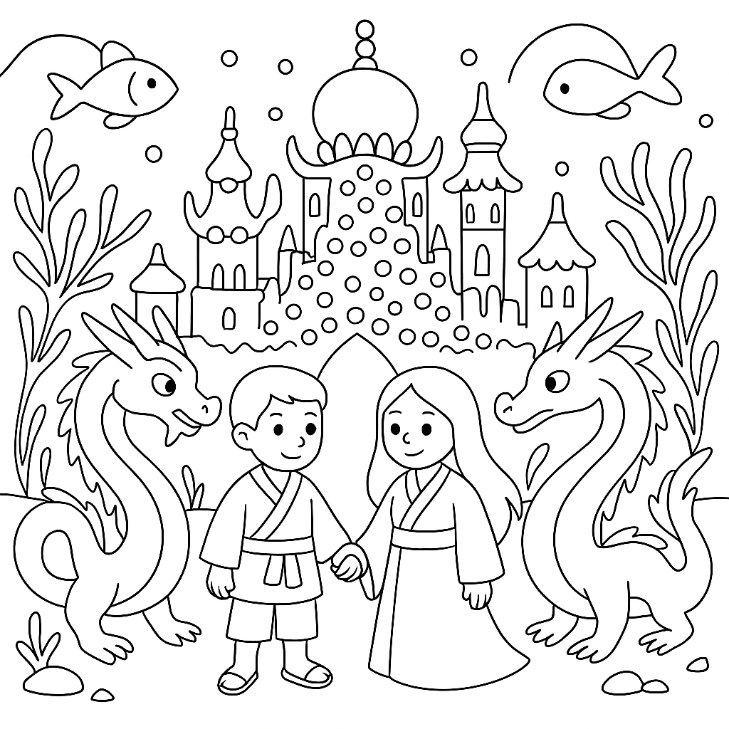 Раскраска по сказке "Урашима и черепаха"