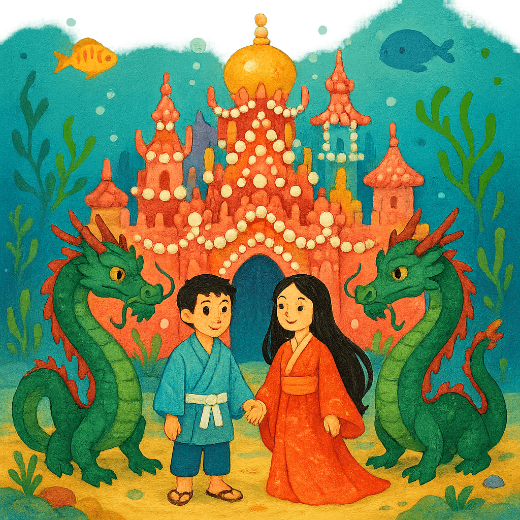 Урашима и принцесса перед подводным дворцом среди кораллов
