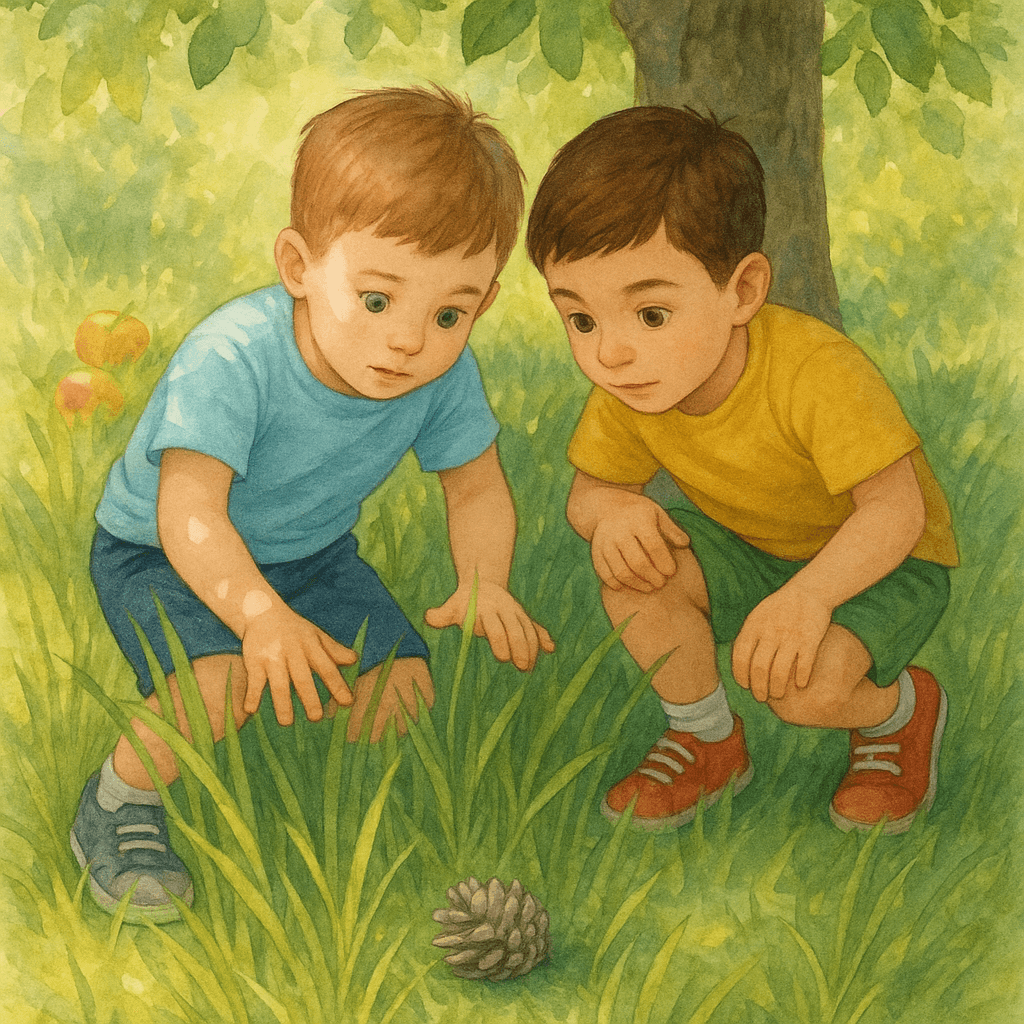 Мальчики находят в траве шишку, но это не грузовик