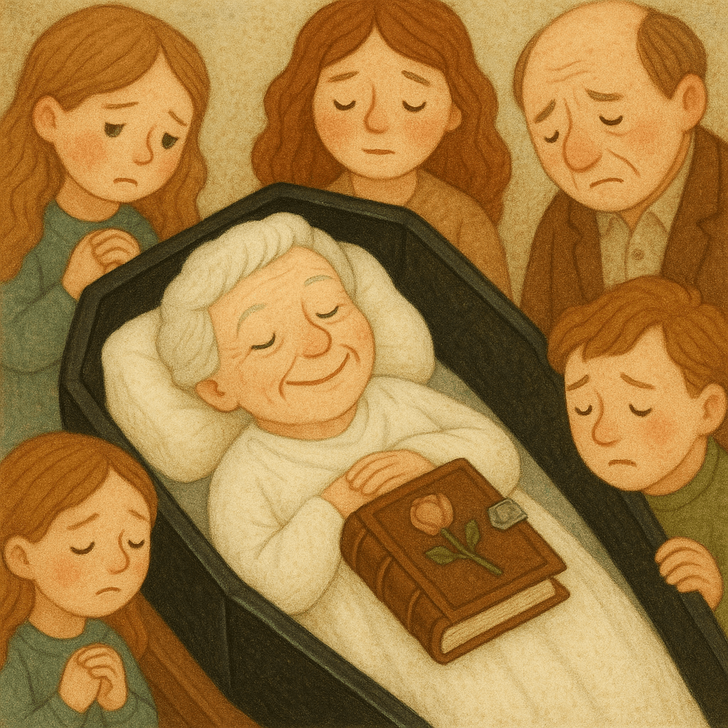 Бабушка в гробу с книгой и розой, умиротворённое лицо