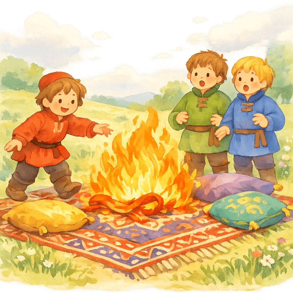 Иван бросает кушак — ковер и подушки загораются, братья смотрят