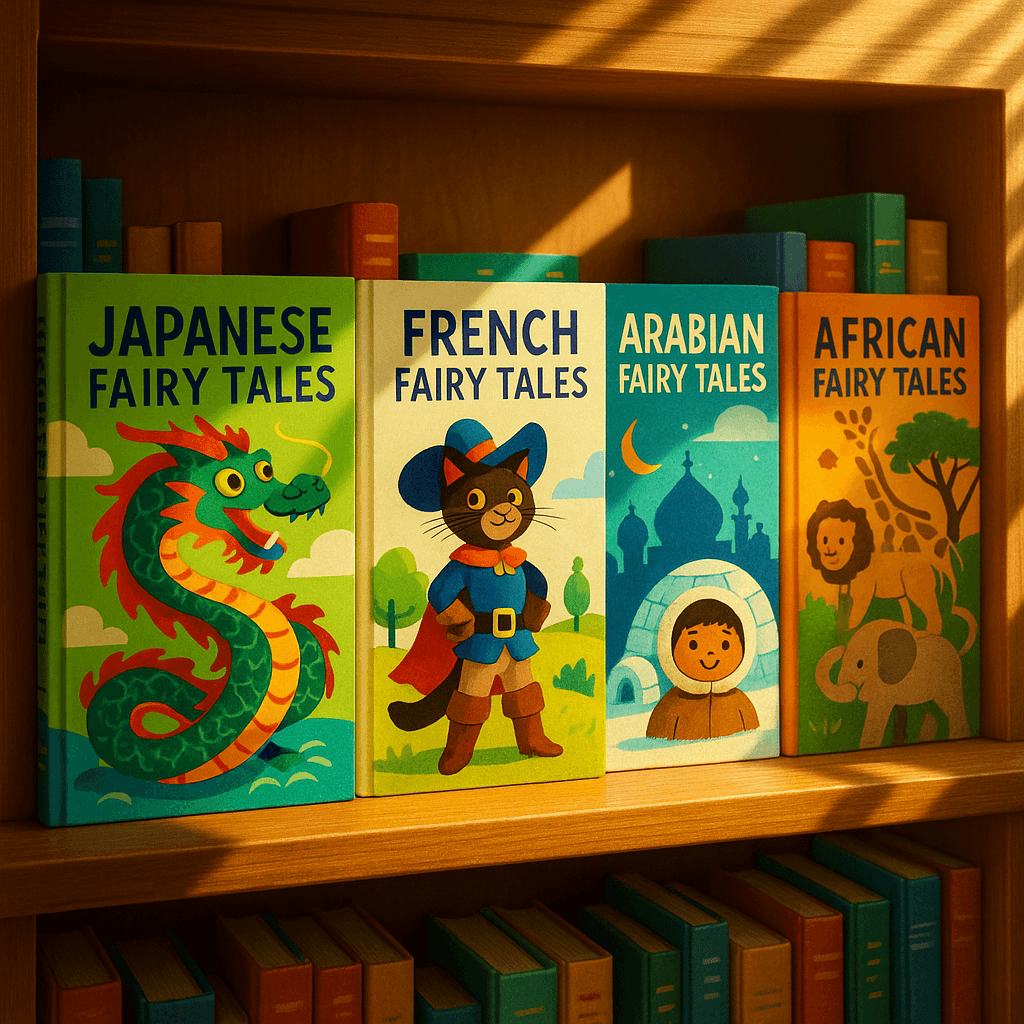 Детские книги разных народов мира на яркой книжной полке.
