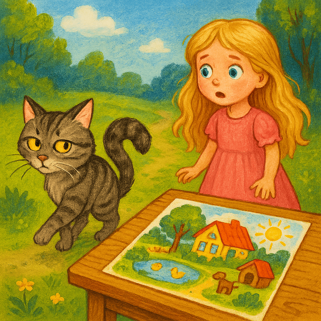 Капризная кошка недовольно уходит, а на столе остается красивый рисунок домика.