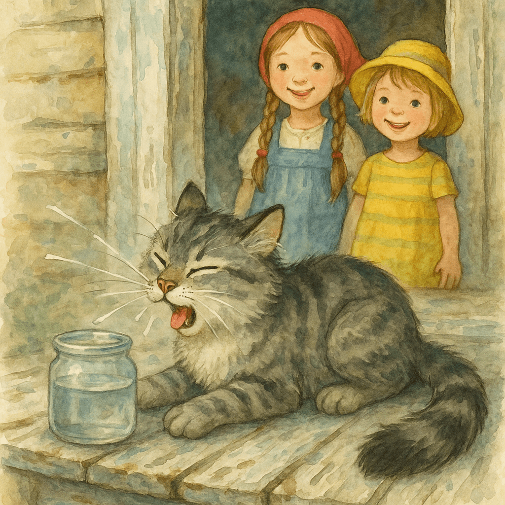 Кот на крыльце нюхает баночку с водой и чихает, девочки улыбаются