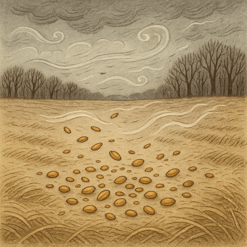 Осеннее поле с обнажённой землёй и дрожащими зернышками под холодным ветром.