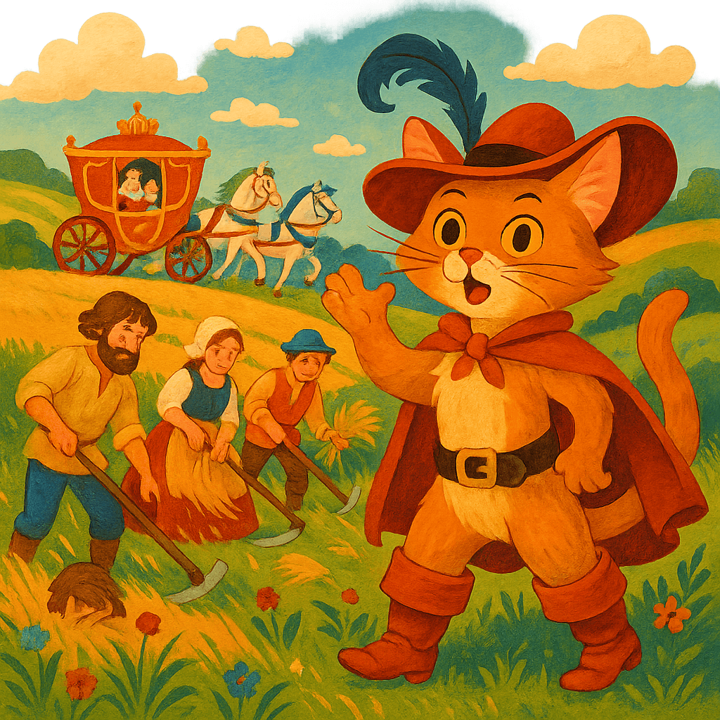 Кот пугает крестьян на лугу перед приездом короля