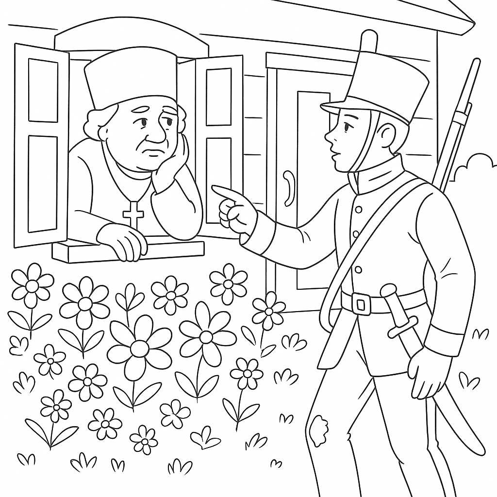 Раскраска по сказке "Про солдата и жадного попа"