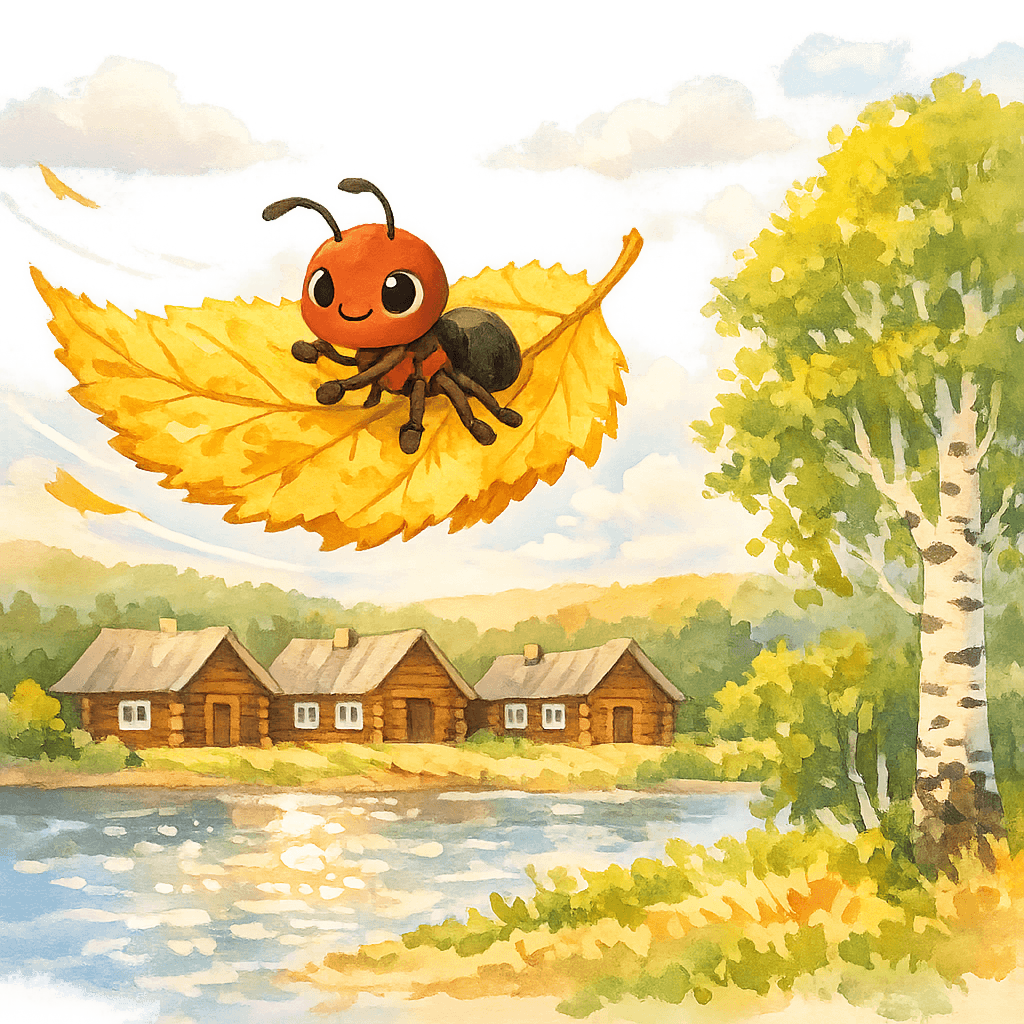 Листок с Муравьишкой летит над лесом, рекой и деревней.