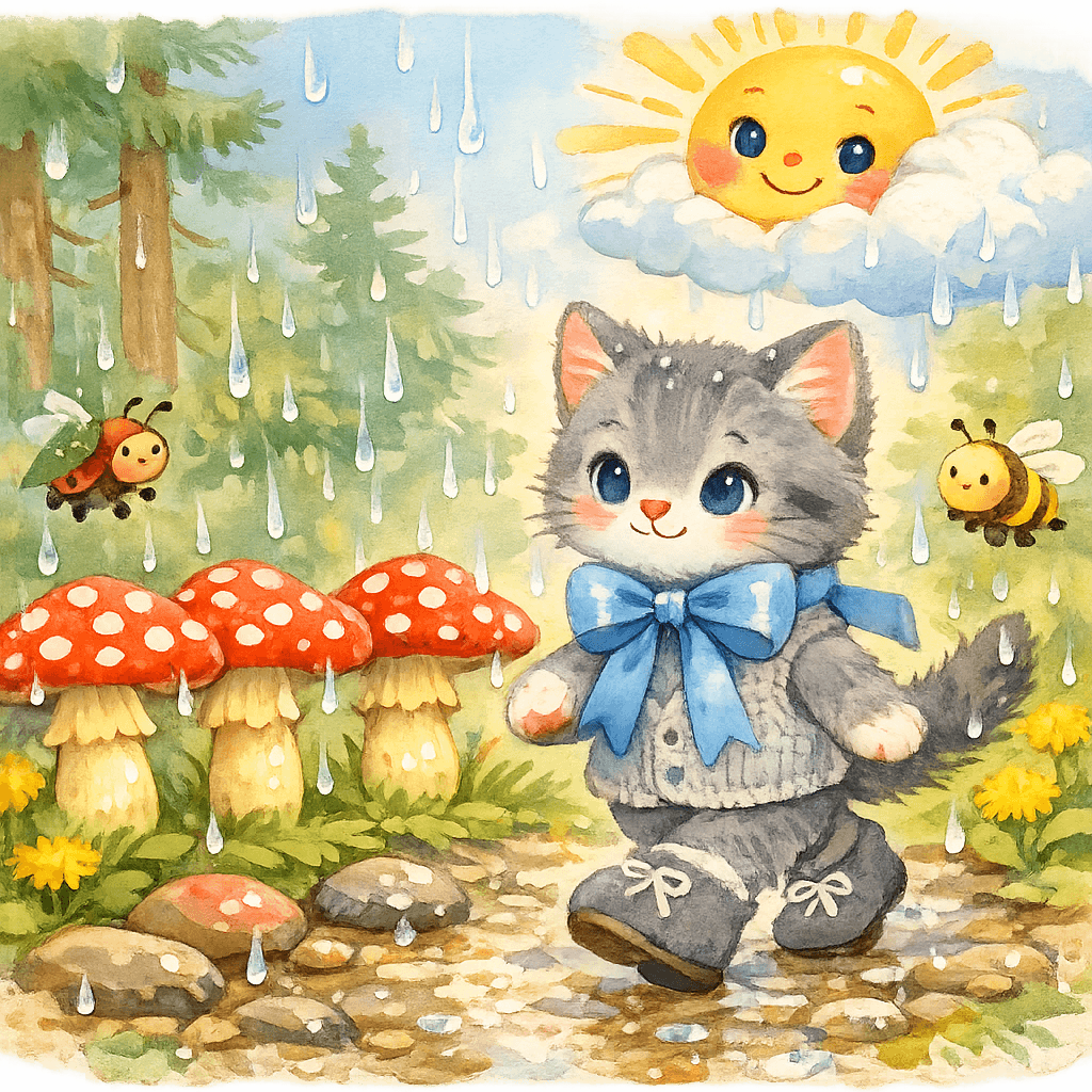 Дождь в лесу, грибы-мухоморы стоят как солдаты, Котёнок шагает рядом