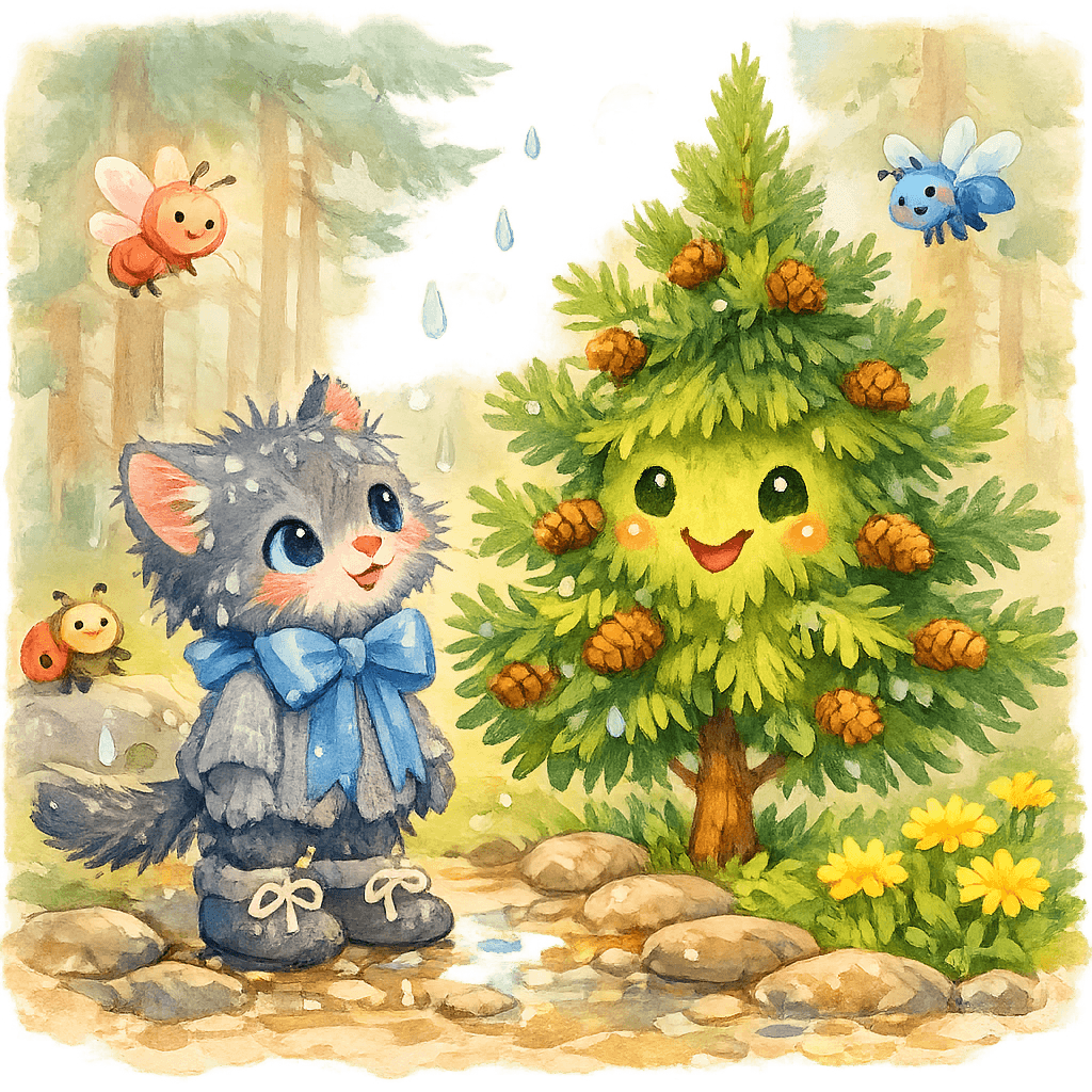 Котёнок беседует с Ёлочкой после дождя