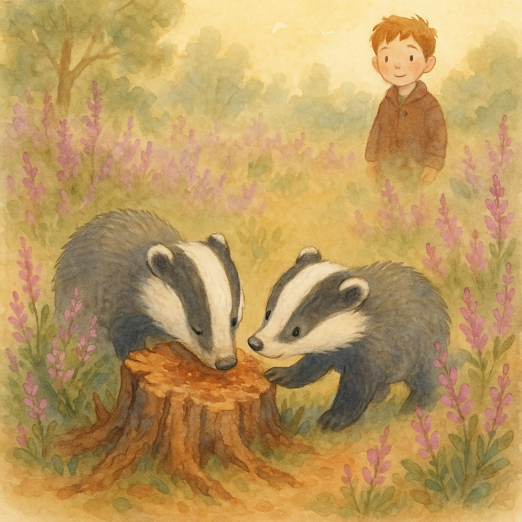 Барсук лечит нос в гнилом пне, рядом суетится второй барсучок