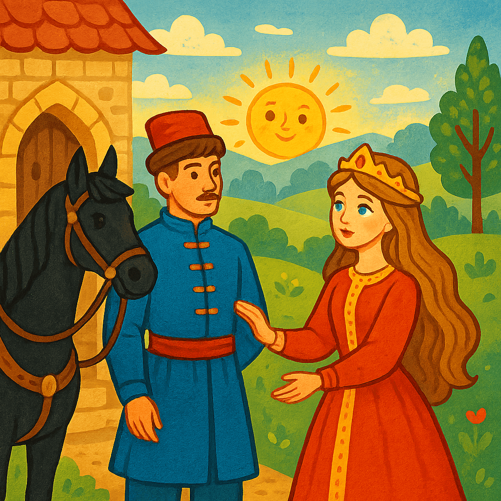 Девушка-царевна встречает казака у оседланного коня перед замком.