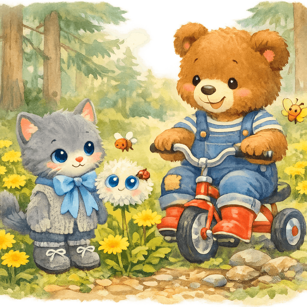 Медвежонок на трёхколёсном велосипеде встречает Котёнка