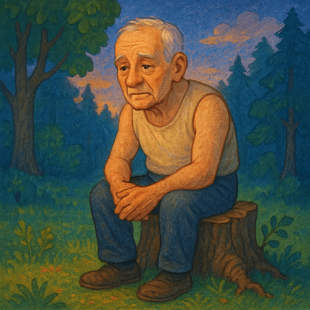 Старый мужчина сидит на пне яблони и отдыхает.