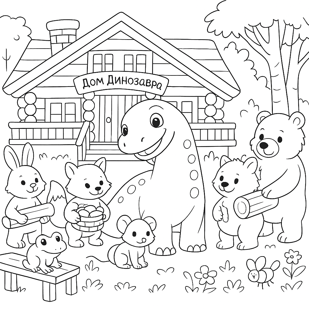 Раскраска по сказке "Про динозавра и мышку"