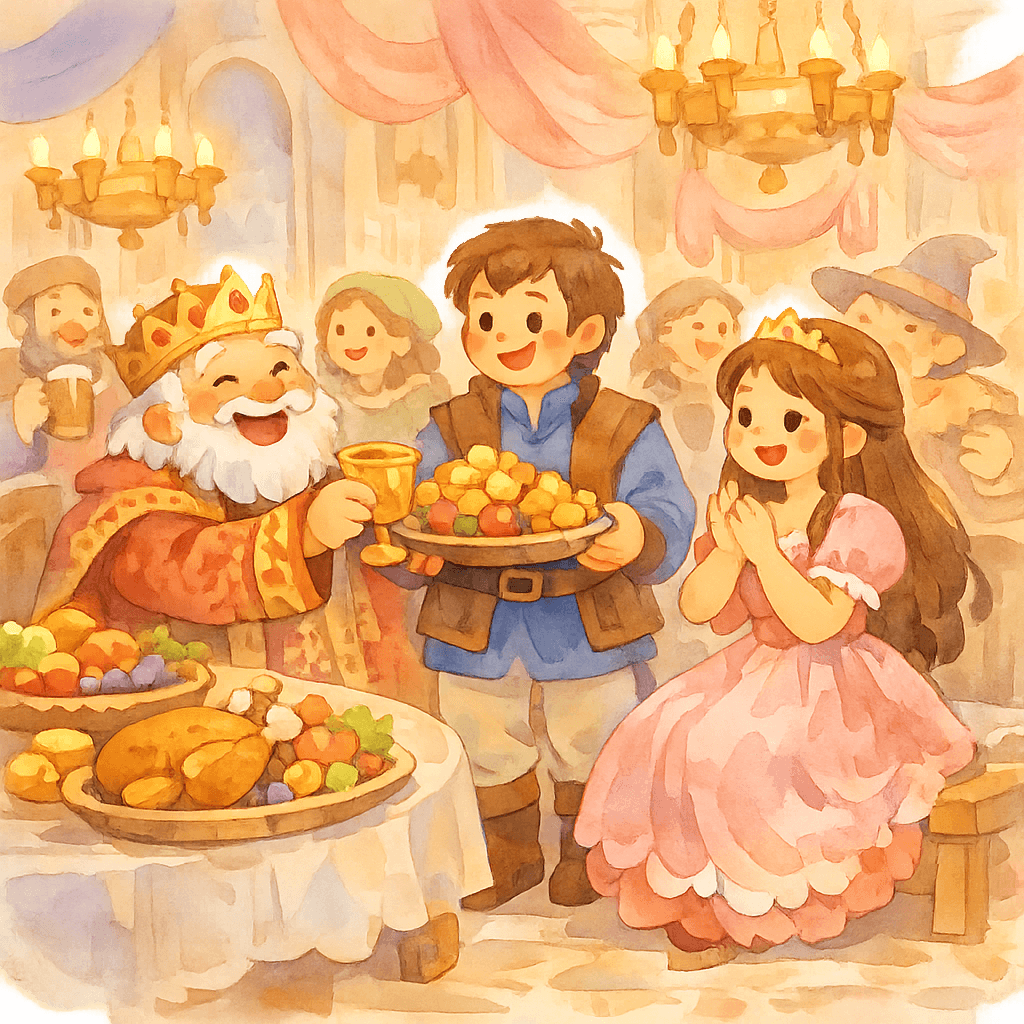 Праздничное веселье во дворце, Щедрый и принцесса счастливы