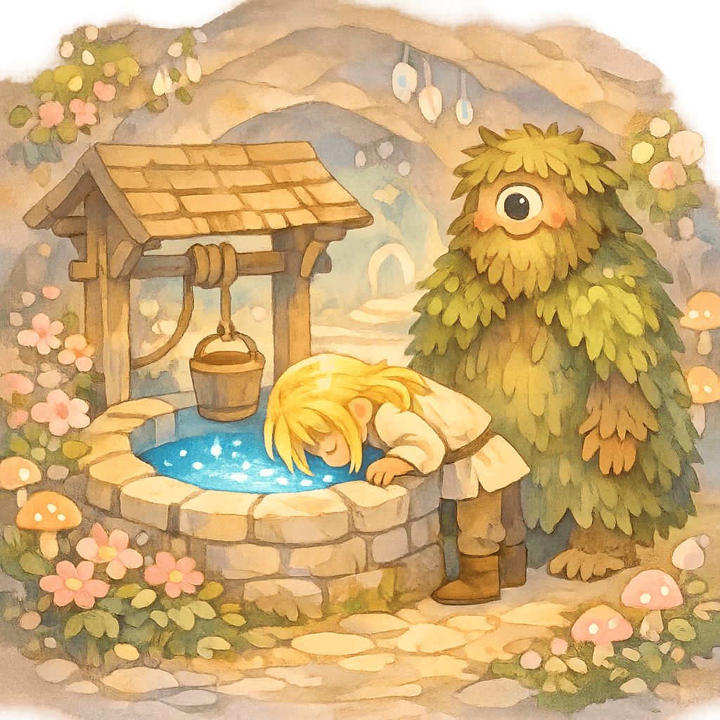 Принц опускает голову в колодец, волосы становятся золотыми