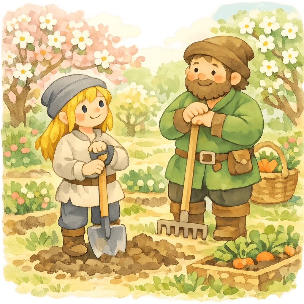 Принц работает в королевском саду с садовником