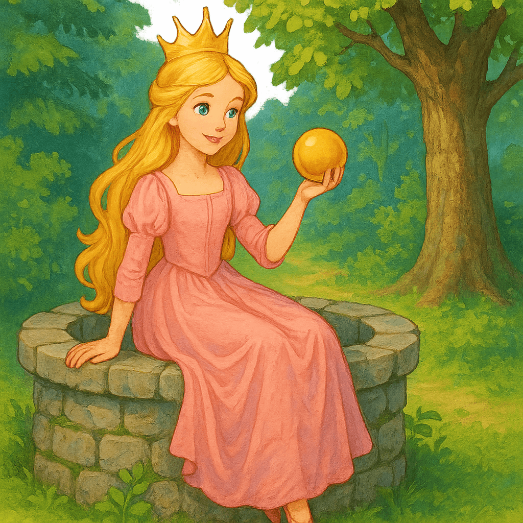 Принцесса играет золотым мячом у колодца