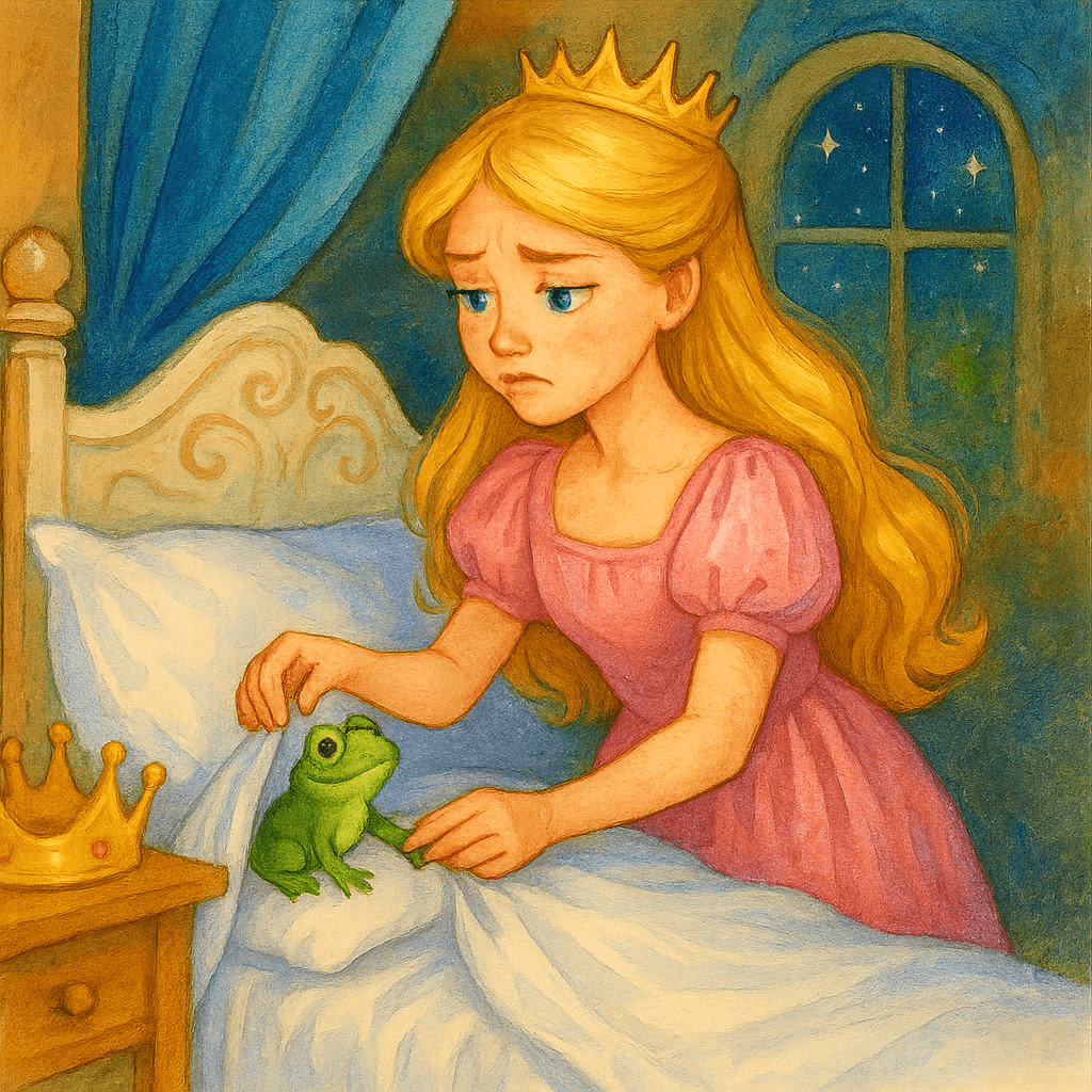 Принцесса кладет лягушонка в свою постель