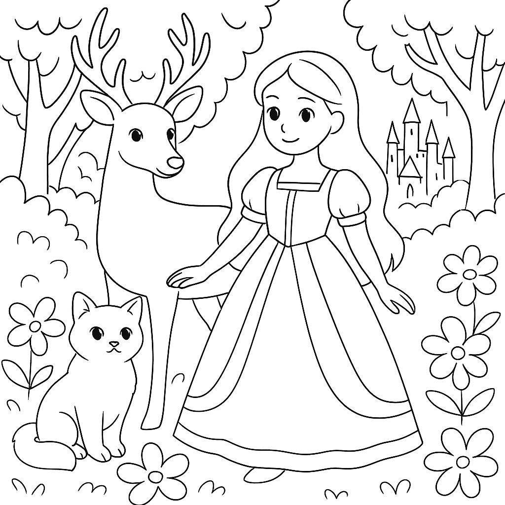 Раскраска по сказке "Брайт, прелестный олень и кот"