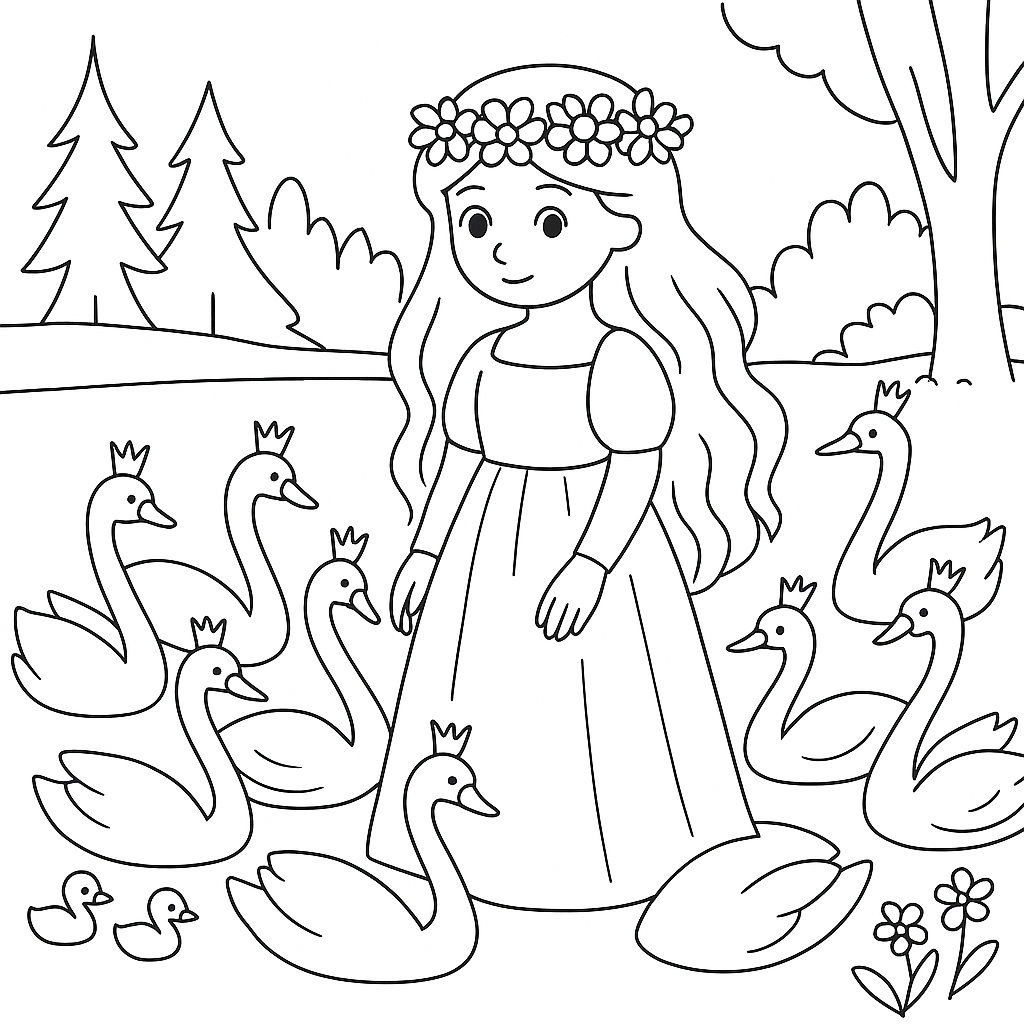 Раскраска по сказке "Дикие лебеди"