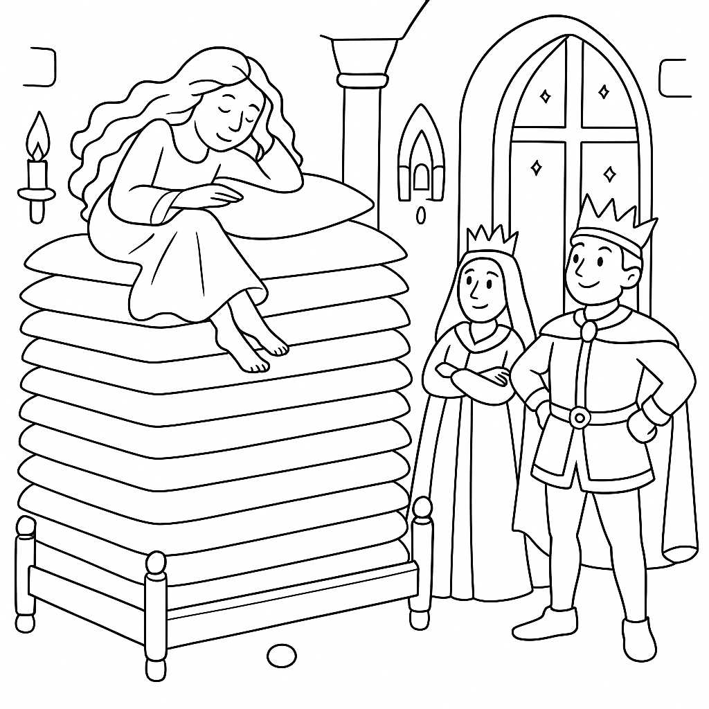 Раскраска по сказке "Принцесса на горошине"