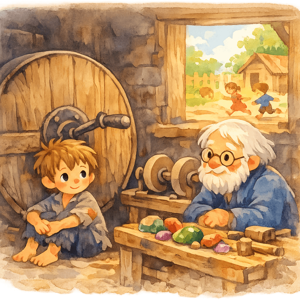 Прошка в мастерской у большого деревянного колеса, рядом Ермилыч и разноцветные камни