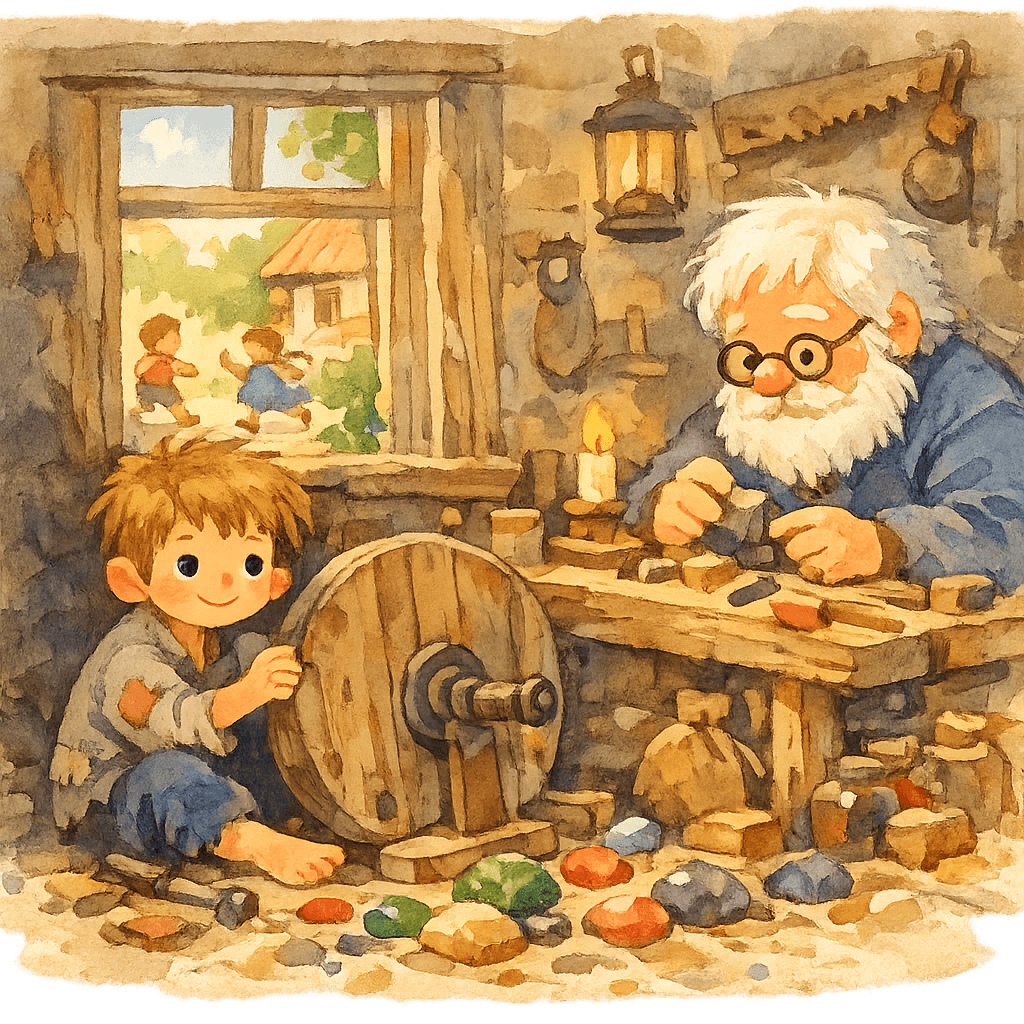 Прошка в углу мастерской у большого колеса, свет в окно, вдалеке играющие дети