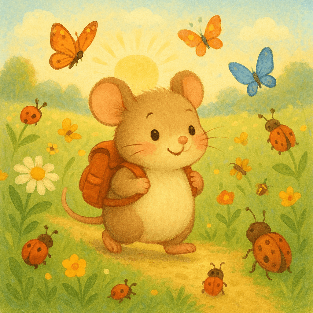 Пухлый мышонок с рюкзаком отправляется в путешествие по сказочному полю, его встречают жучки и бабочки, добрый детский стиль, утро.