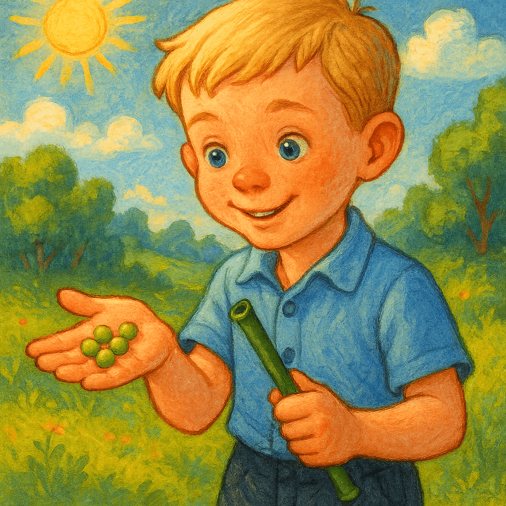 Мальчик держит на ладони пять горошин, рядом трубочка для стрельбы