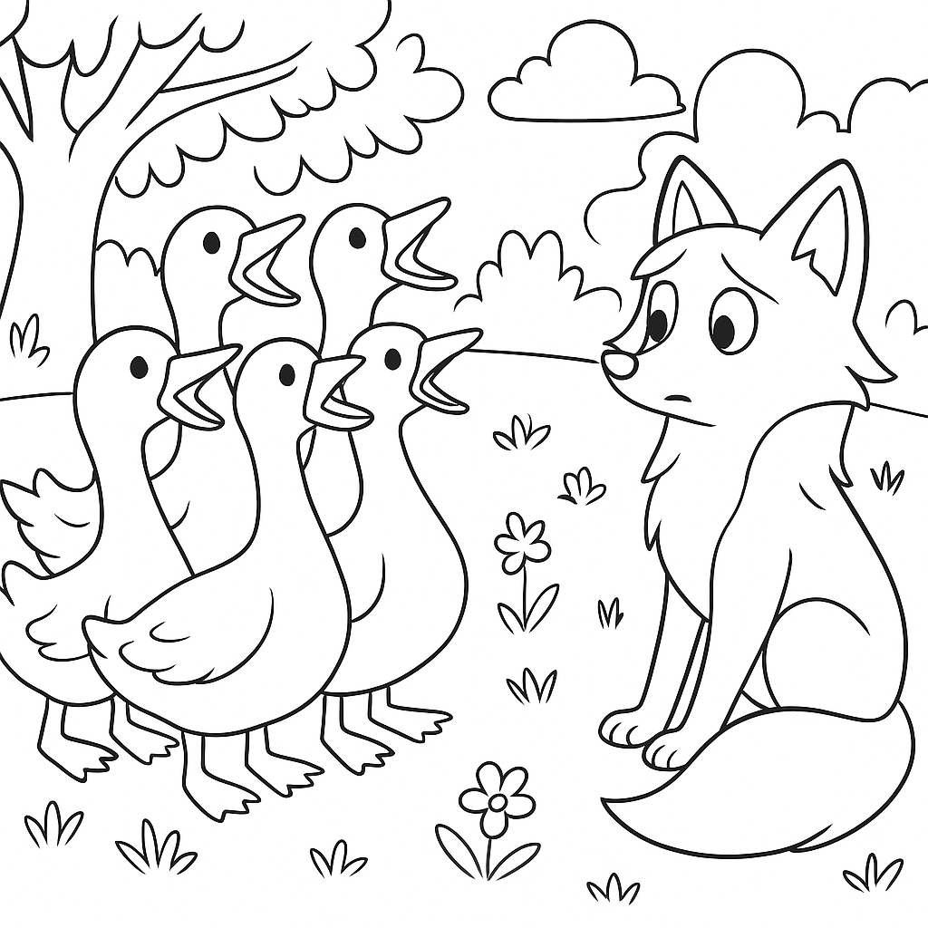Раскраска по сказке "Лиса и гуси"