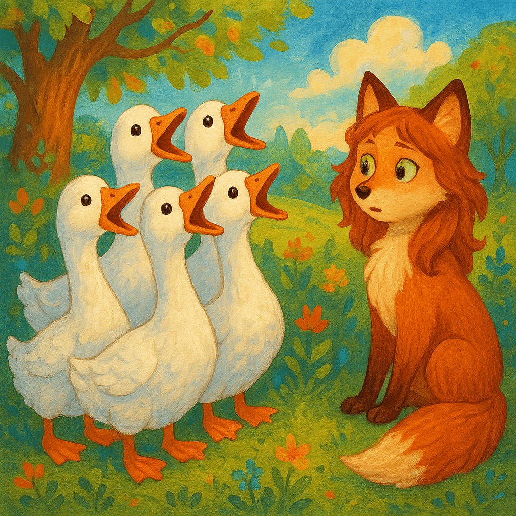 Гуси громко поют песню, лиса слушает.