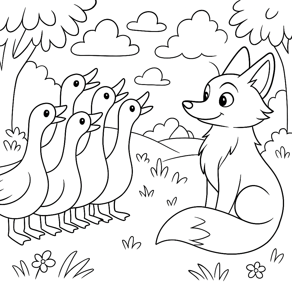 Раскраска по сказке "Лиса и гуси"