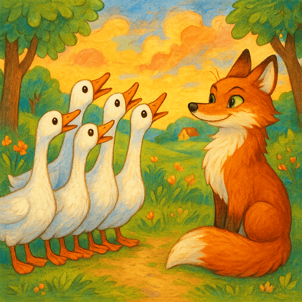 Гуси встают в ряд перед лисой и тянут шеи, готовясь петь.