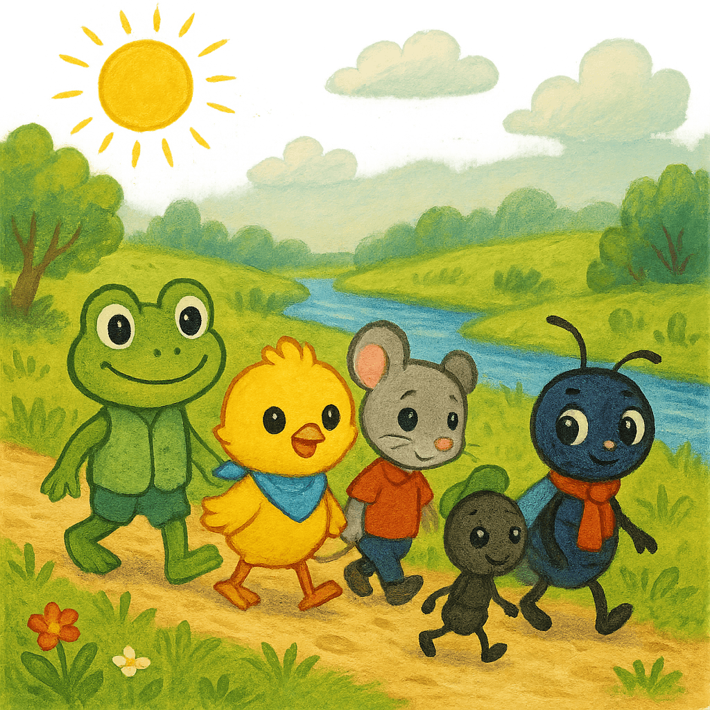 Друзья идут по тропинке к речке, яркое лето