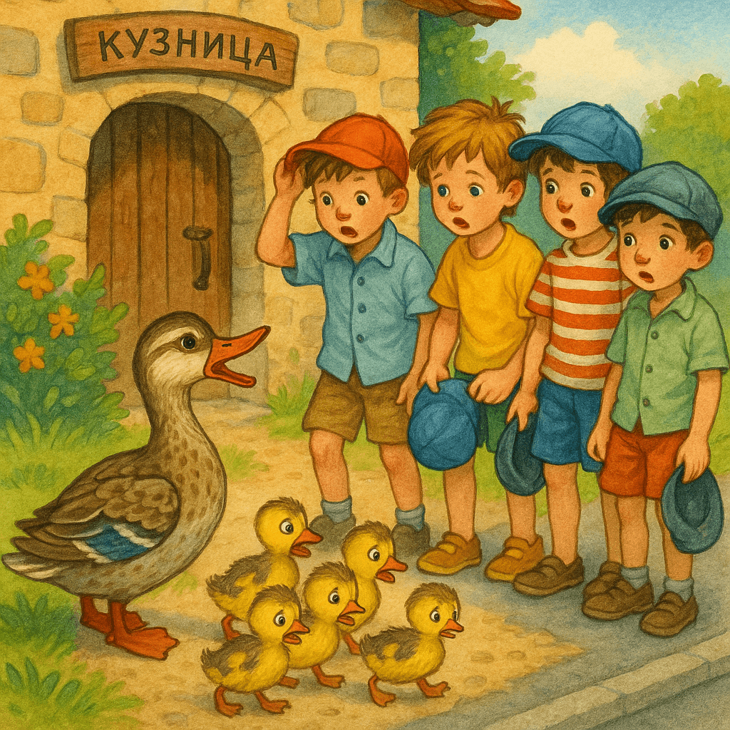 Уточка с утятами и дети с поднятыми шапками возле дороги у кузницы