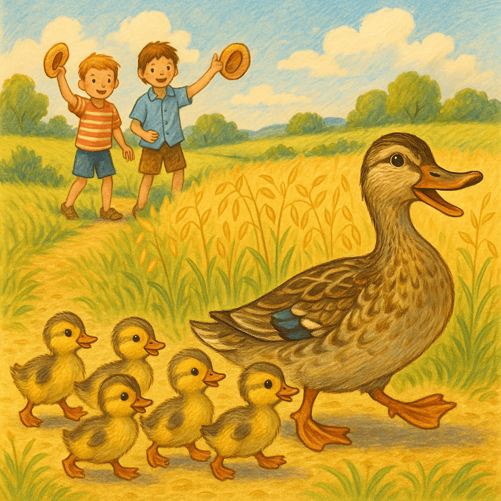 Уточка и утята бегут по полю, вдали дети машут шапками